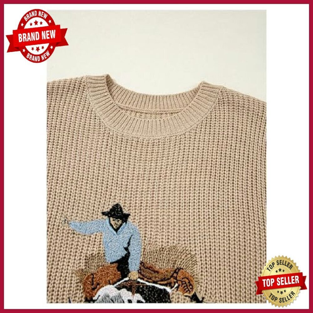 Western Cowboy Embroidered Ribbed Sweater Vest Crew Neck Sleeveless - Picture 5 of 7
